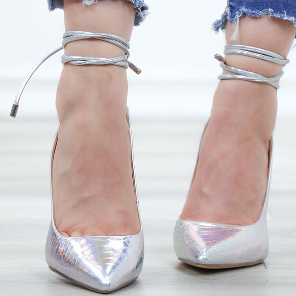 Holograpic Ankle Lace Strap Pointy Toe High Heel - Picture 15 of 16